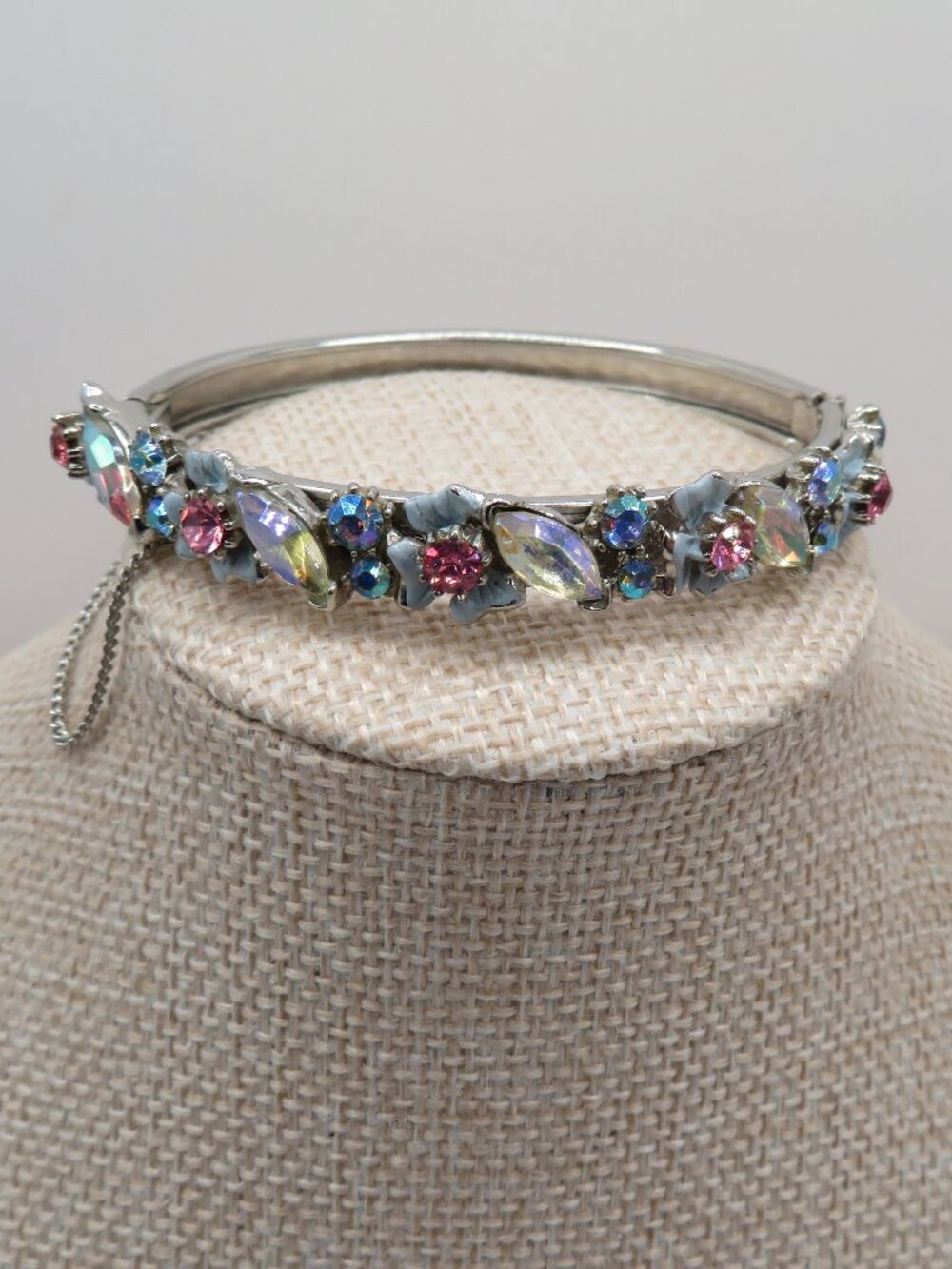 Vintage Florenza Enamel AB Rhinestone Floral Hinged Bangle Bracelet